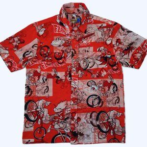 Vintage Flamehead JNCO Button Shirt Medium Red 90s Skater BMX Bike Cartoon Skate